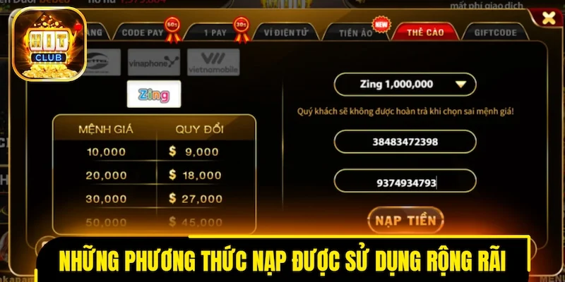 Những phương thức nạp tiền được sử dụng rộng rãi